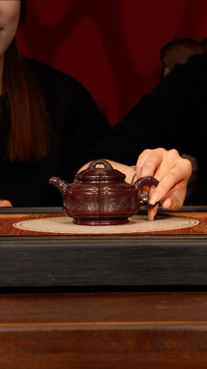 茶壶紫砂宜兴紫砂DXY 红木烧 筋纹竹鼓