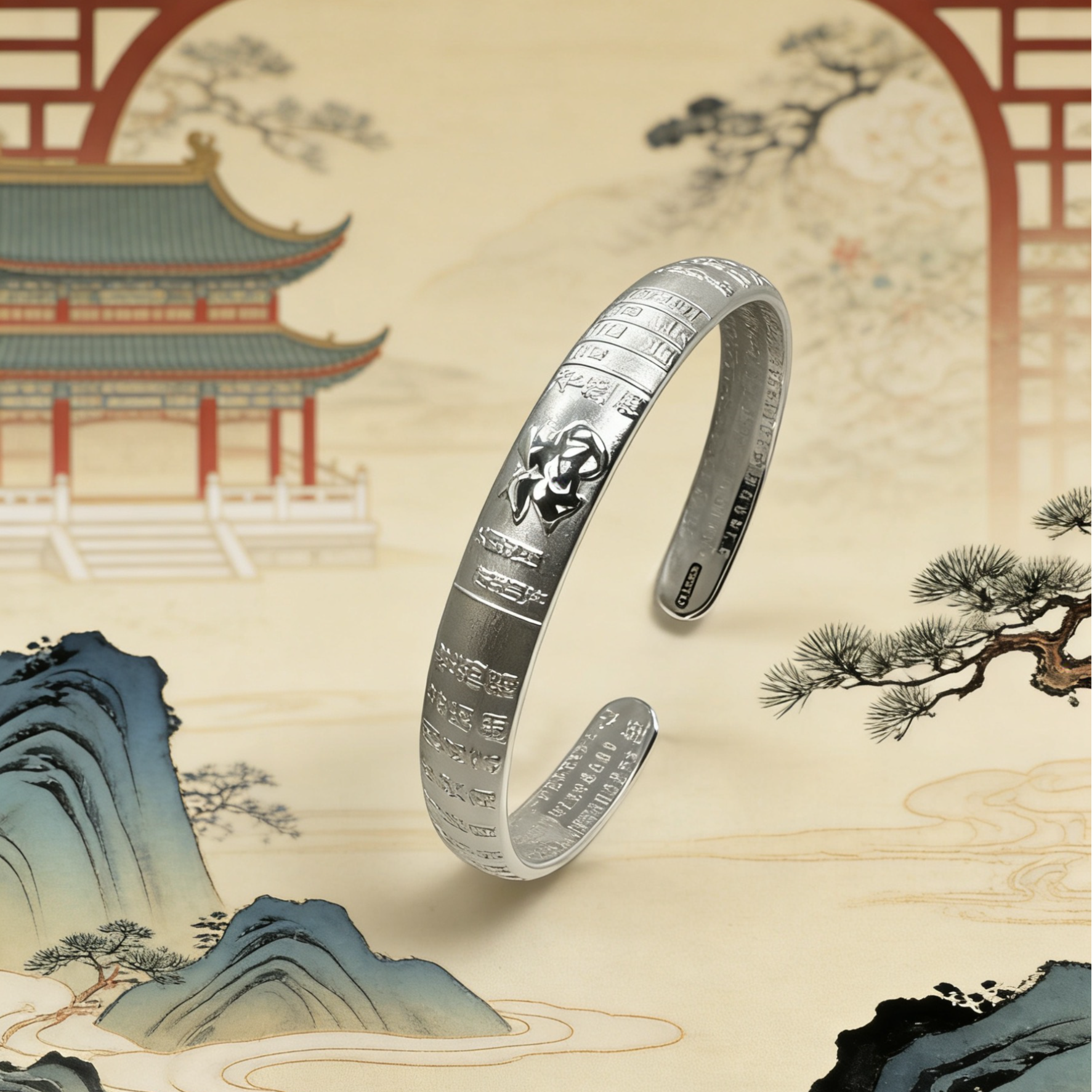 足银手镯 【亮福字内心经开口手镯】足银999手工复古经典精美时尚