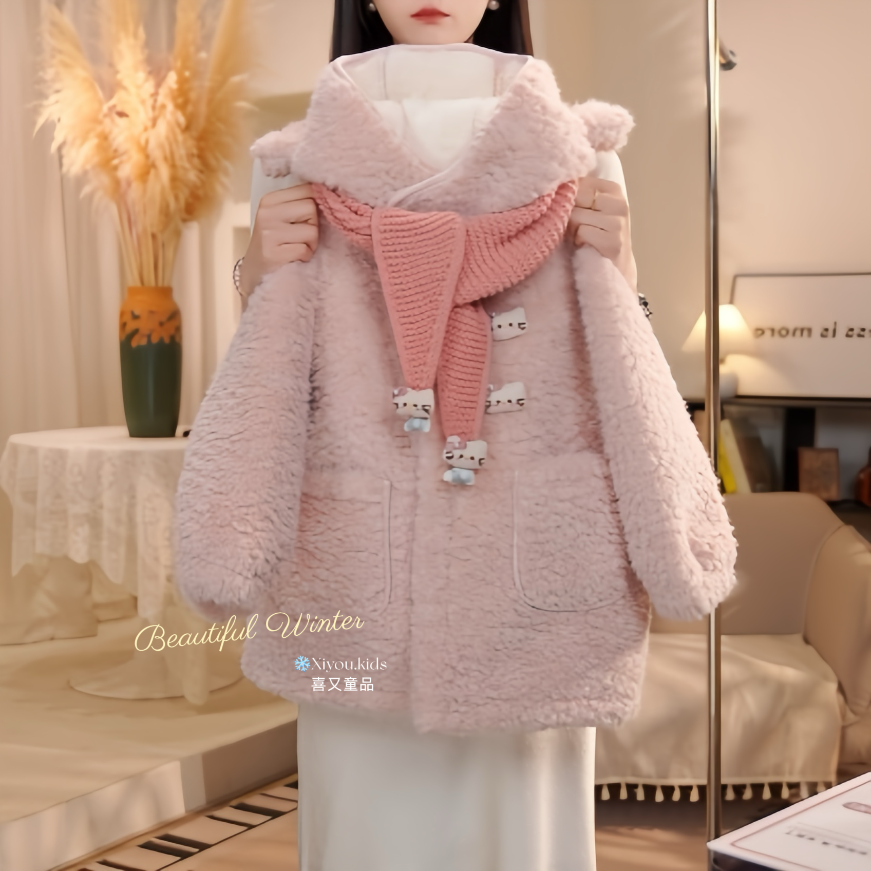 2025年冬季加绒加厚毛毛女童外套KT毛绒保暖女孩皮毛一体25890