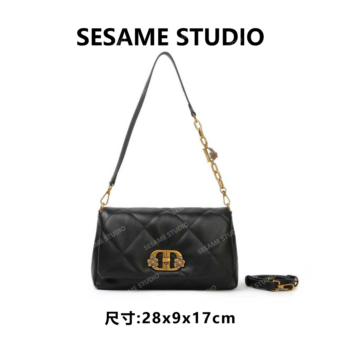 【芝麻集】【双生海棠花】BF-66658-黑色RAIN.CUN腋下单肩斜跨女包