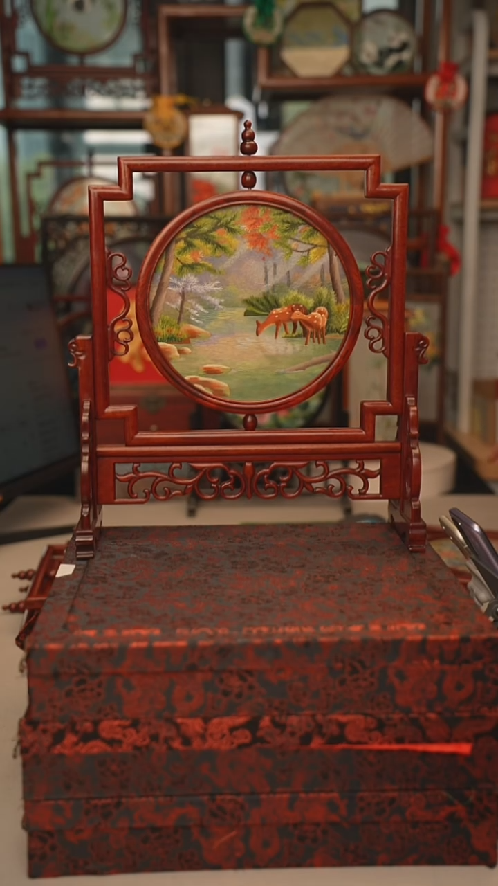 扇子五福架 苏绣双面绣五福架 35乘41