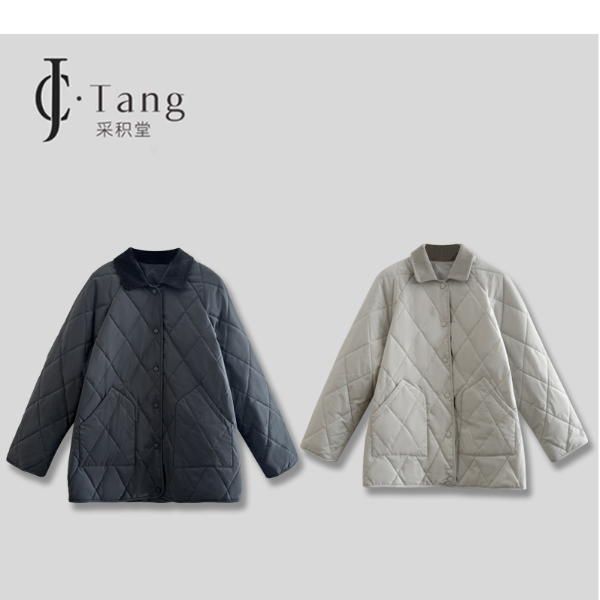 CJ采积堂 【大口袋】厚款翻领中长款撞色宽松型棉服极简风55000