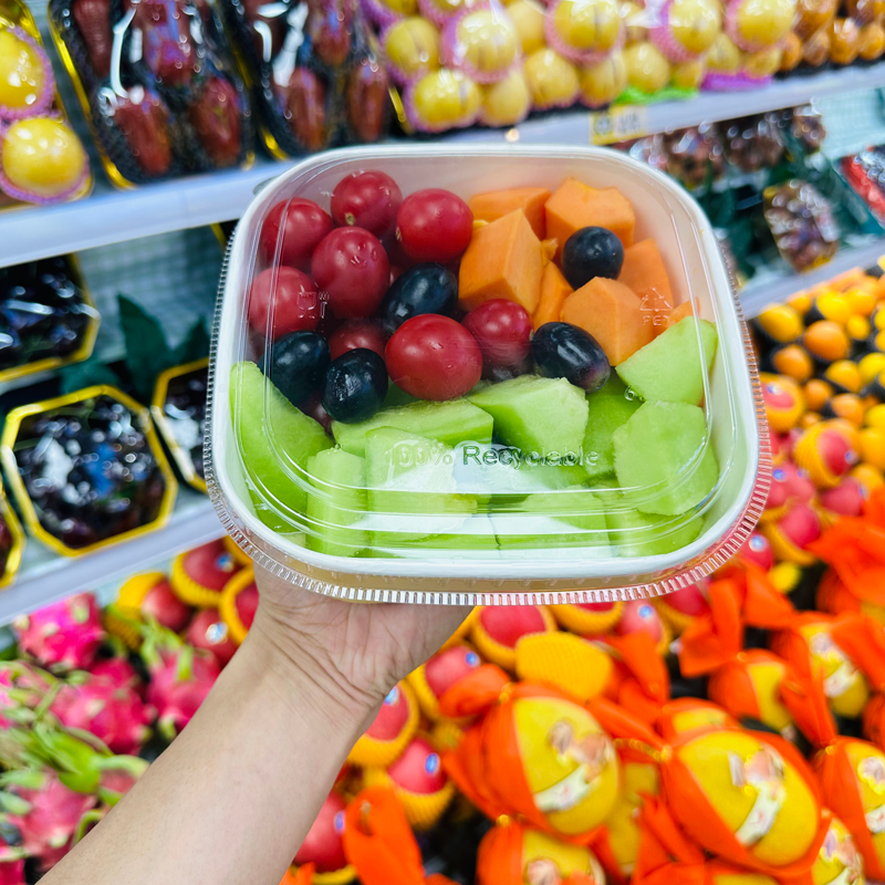 一次性餐盒黄白牛皮纸正方形果切盒水果打包盒加厚带盖沙拉碗外卖