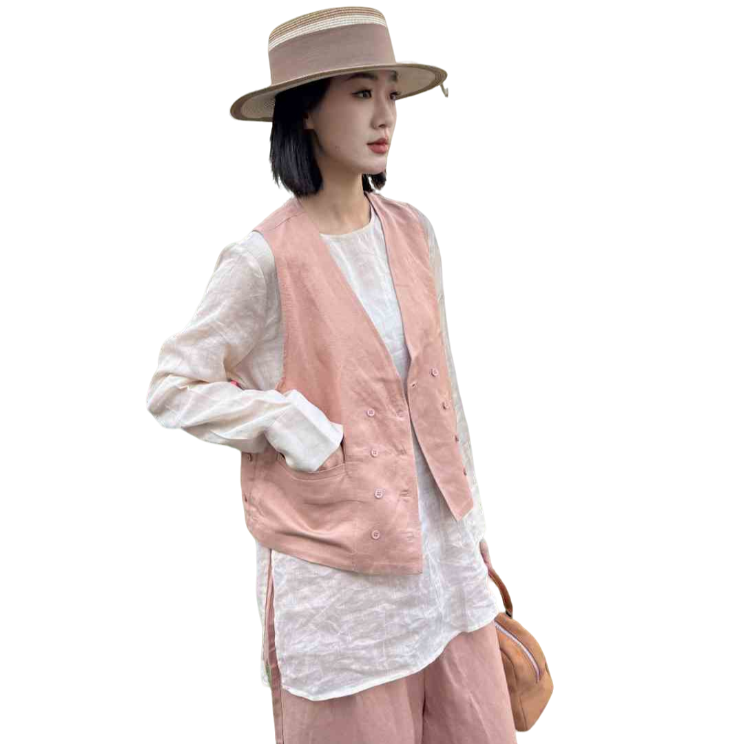 高级感时尚亚麻马甲V领双排扣宽松百搭马甲女-1227