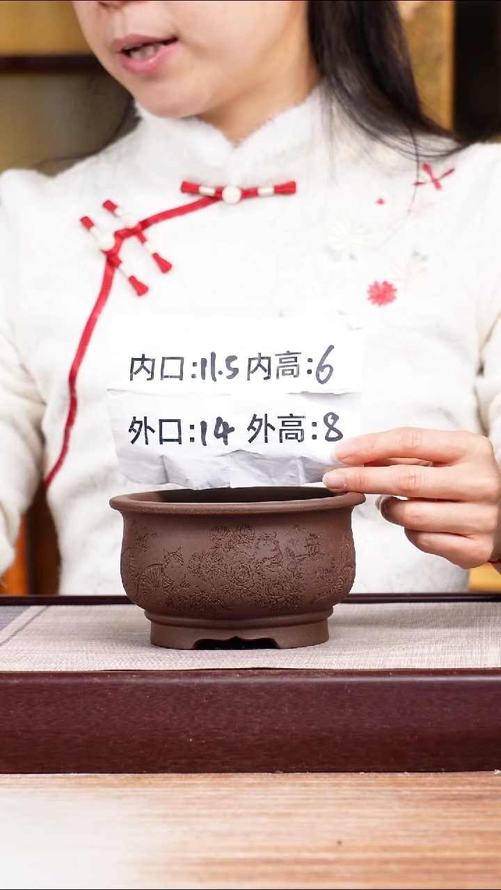 紫砂花盆紫泥刻绘猫咪迷你矮圆盆一只无托