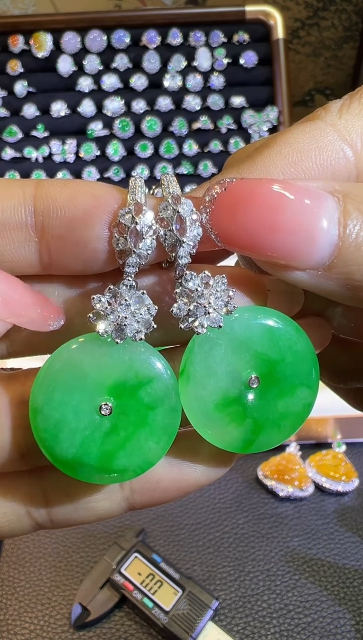 【闪购商品】翡翠耳饰18K金镶嵌金丝满绿大平安扣耳坠吊坠两用