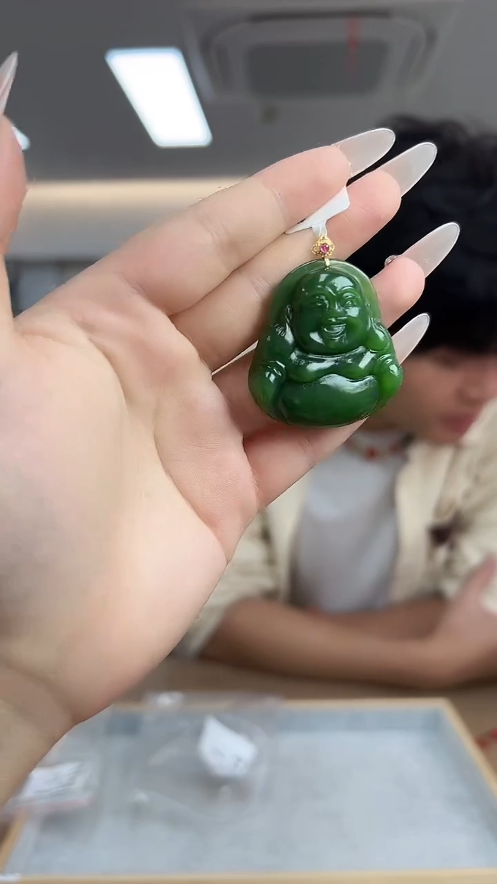 【闪购商品】和田玉碧玉佛公18K金镶嵌吊坠