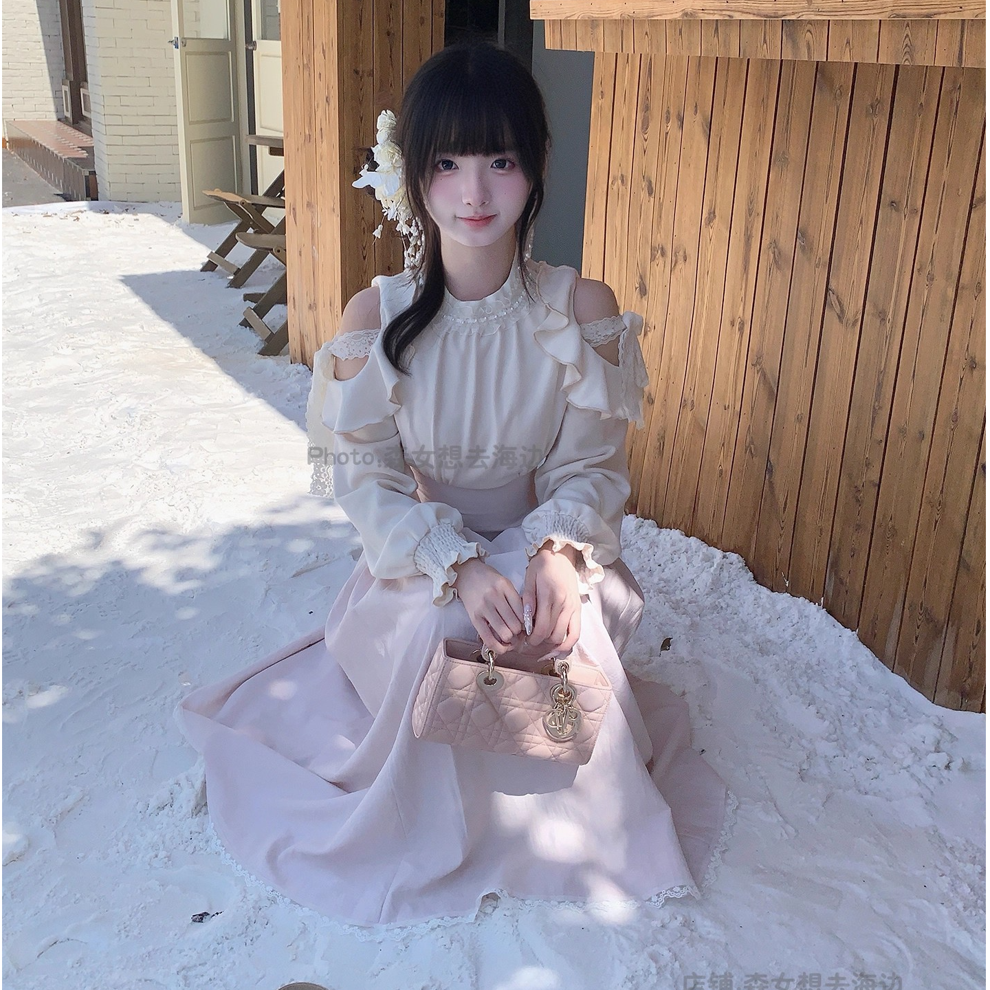 森女原创 香水百合 日系清楚系蕾蕾露肩连袖A字裙荷叶边系带少女