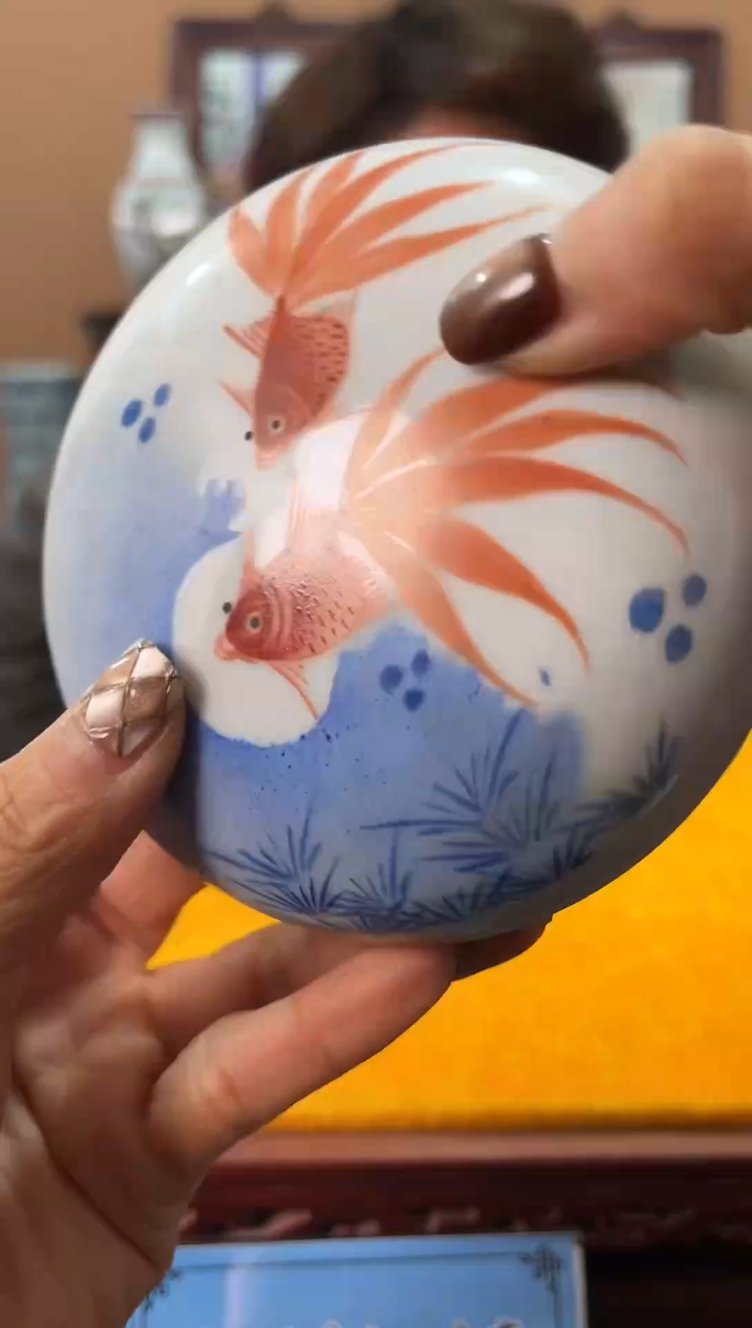 摆件瓷青花加彩金玉满堂印泥盒