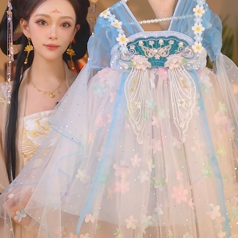 海宁【蓝精灵】2026新款女童仙气中国风夏季休闲汉服裙HF2668X二