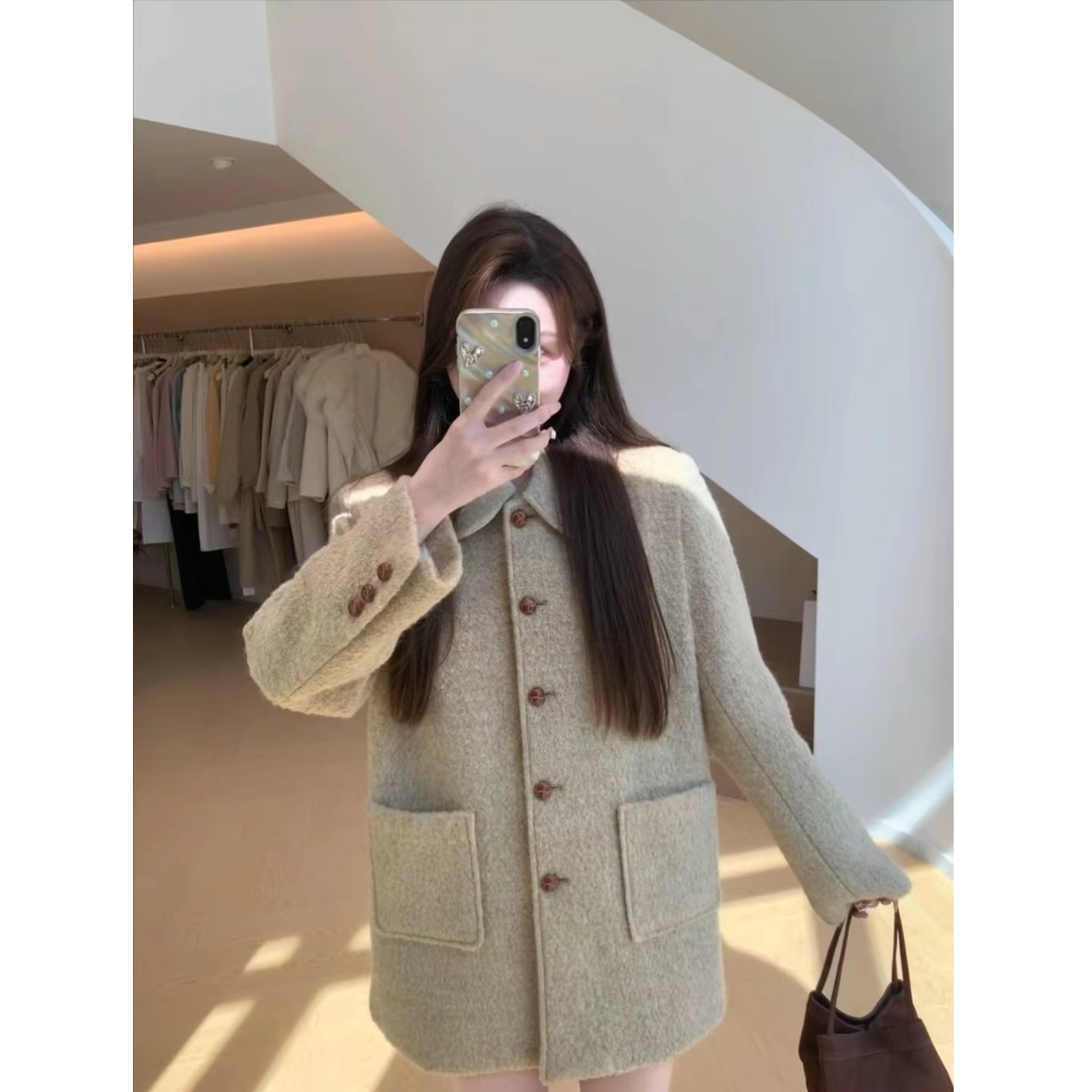 优秀的金蘑菇 2025冬季新款夹棉保暖休闲淡绿色毛呢中长款外套女