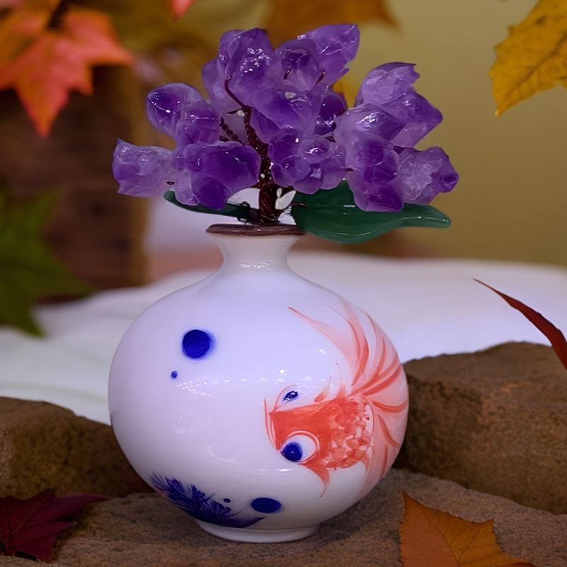 【原创轻奢高品】年年有鱼高档手工创意玄关陶瓷花瓶紫水晶桌面摆件