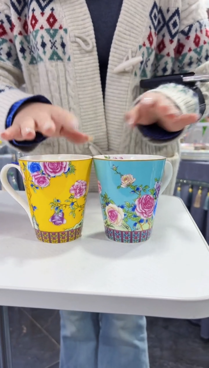 珐琅 牡丹花卉杯子2只装专场福利