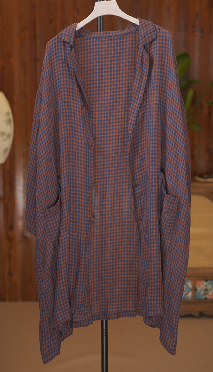 山木间春秋大版色织亚麻中长款休闲西服