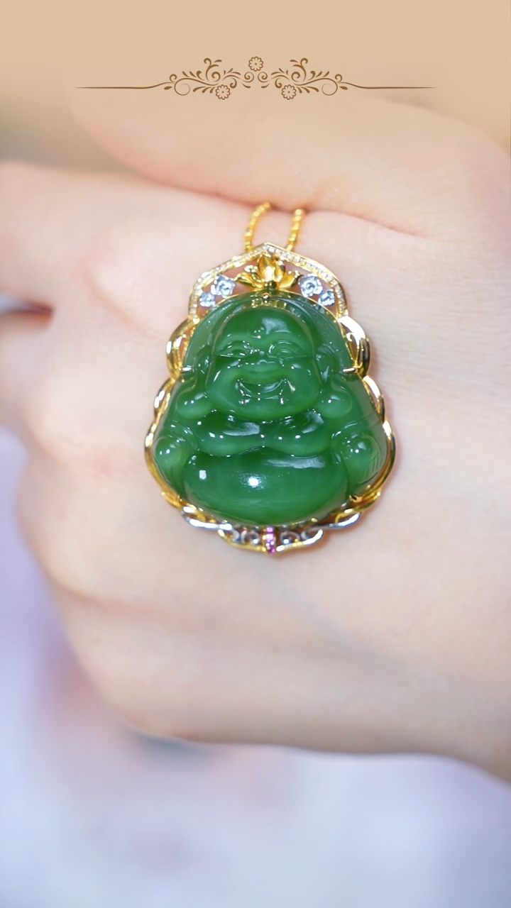 吊坠(不含链)18K金镶嵌和田玉（碧玉）30mm佛公