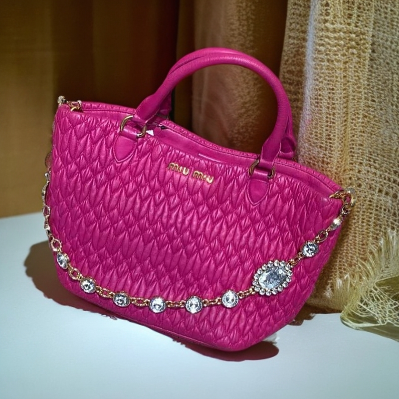 95新 MIU MIU/缪缪  玫粉色褶皱单肩包 1245 8430 