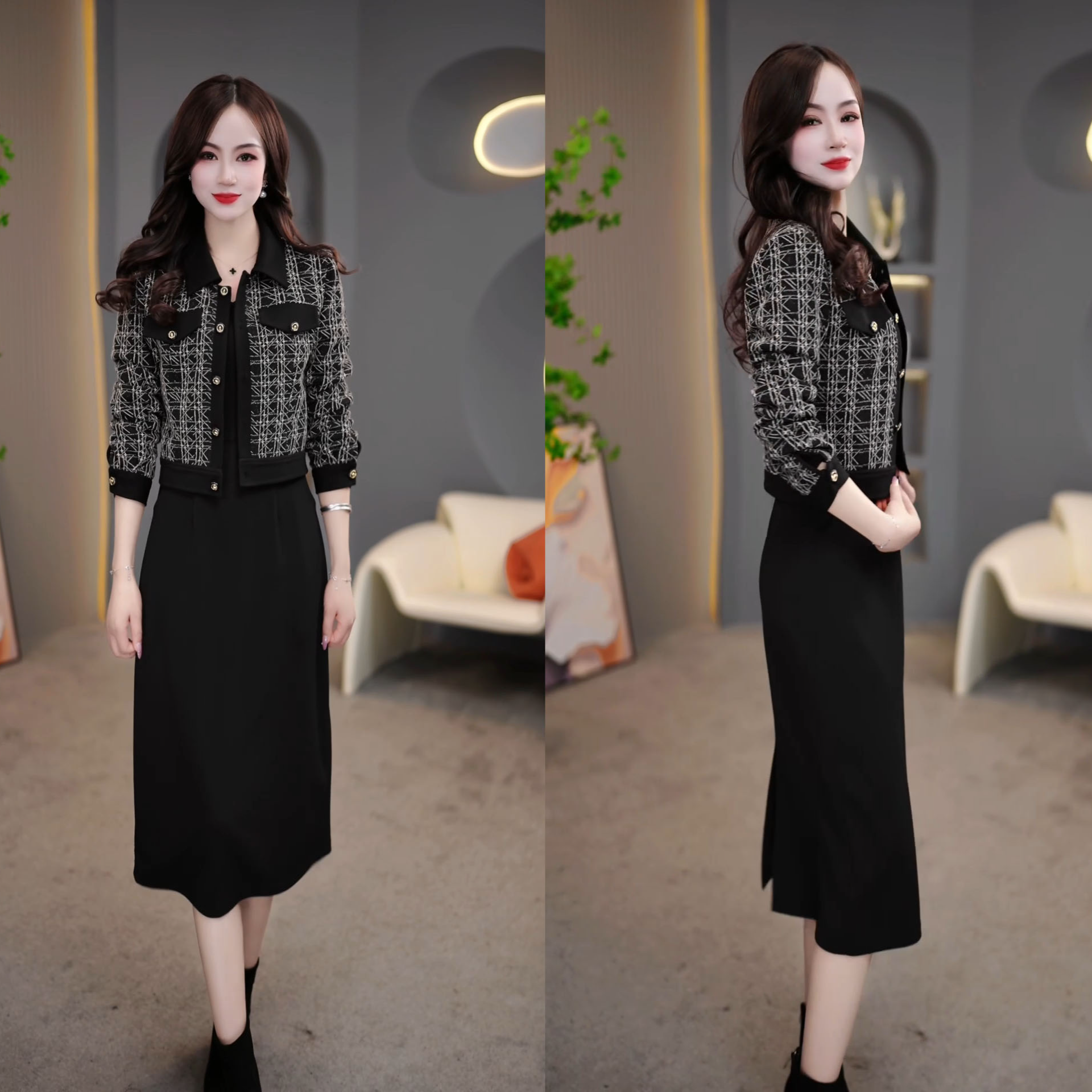 2025春季简约百搭新款菱形线条格外搭+中长款连衣裙两件套