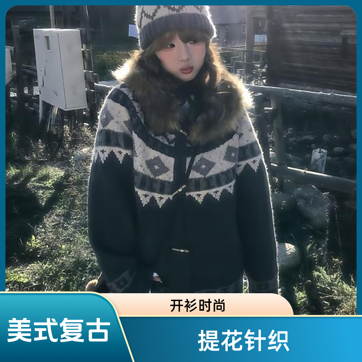 2025美式复古费尔岛提花毛衣开衫女连帽牛角扣外套设计感针织上衣