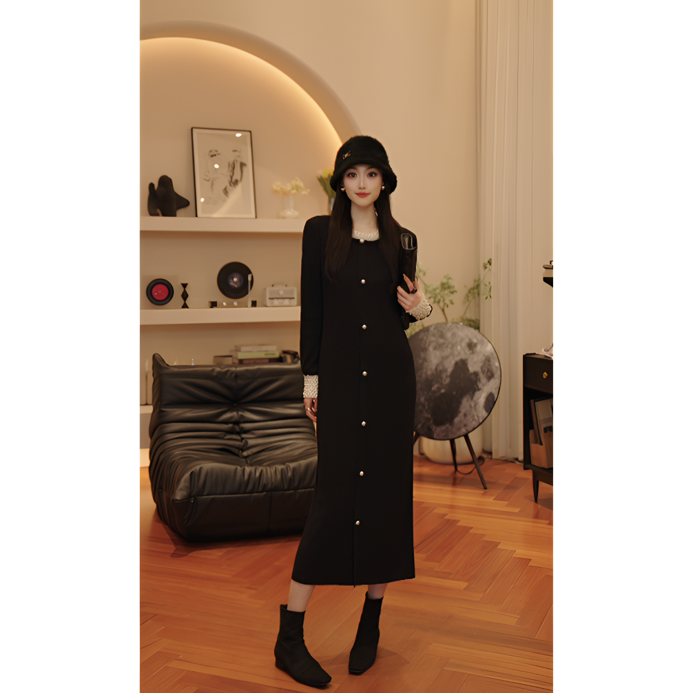 THE MENG【白月光】甄选绵羊毛时尚气质打底珍珠连衣裙#M244G0022DN