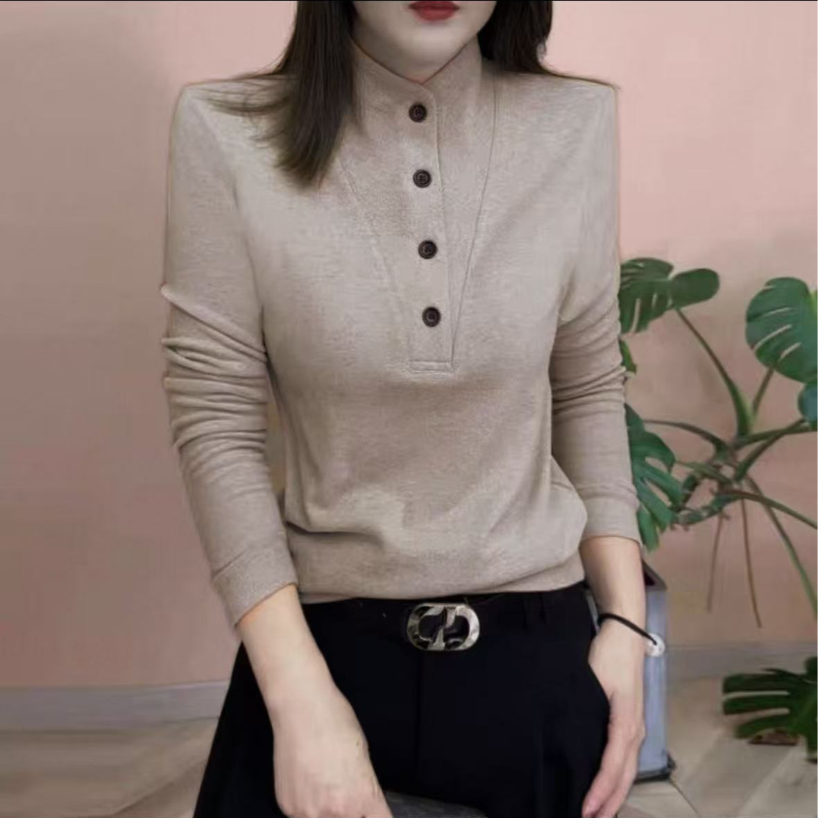 9352-半高领（剪刀领）双面德绒打底衫（燕麦色）