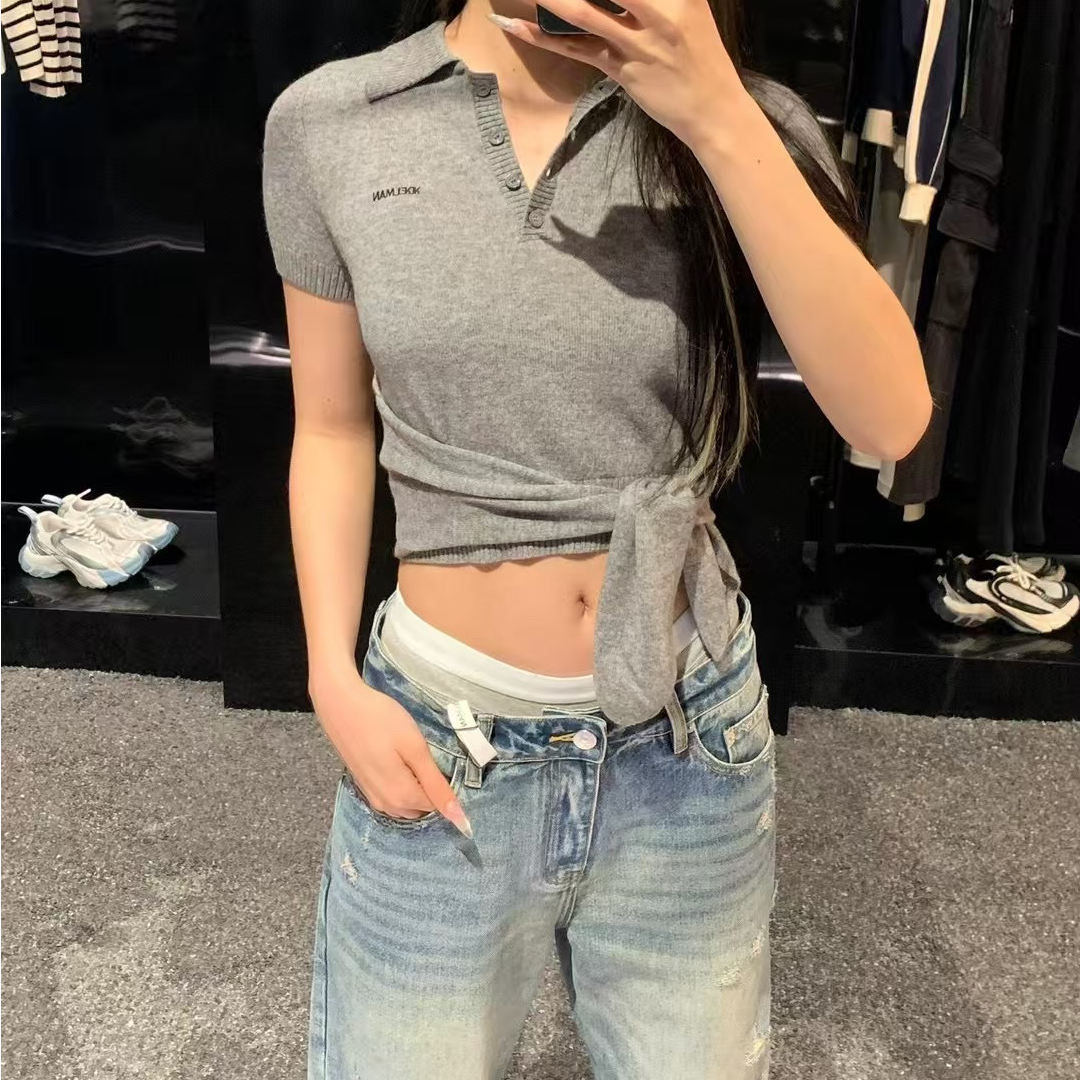 高品质  ~ 时髦精25ss 春夏新品翻领腰部系带短袖T恤上衣