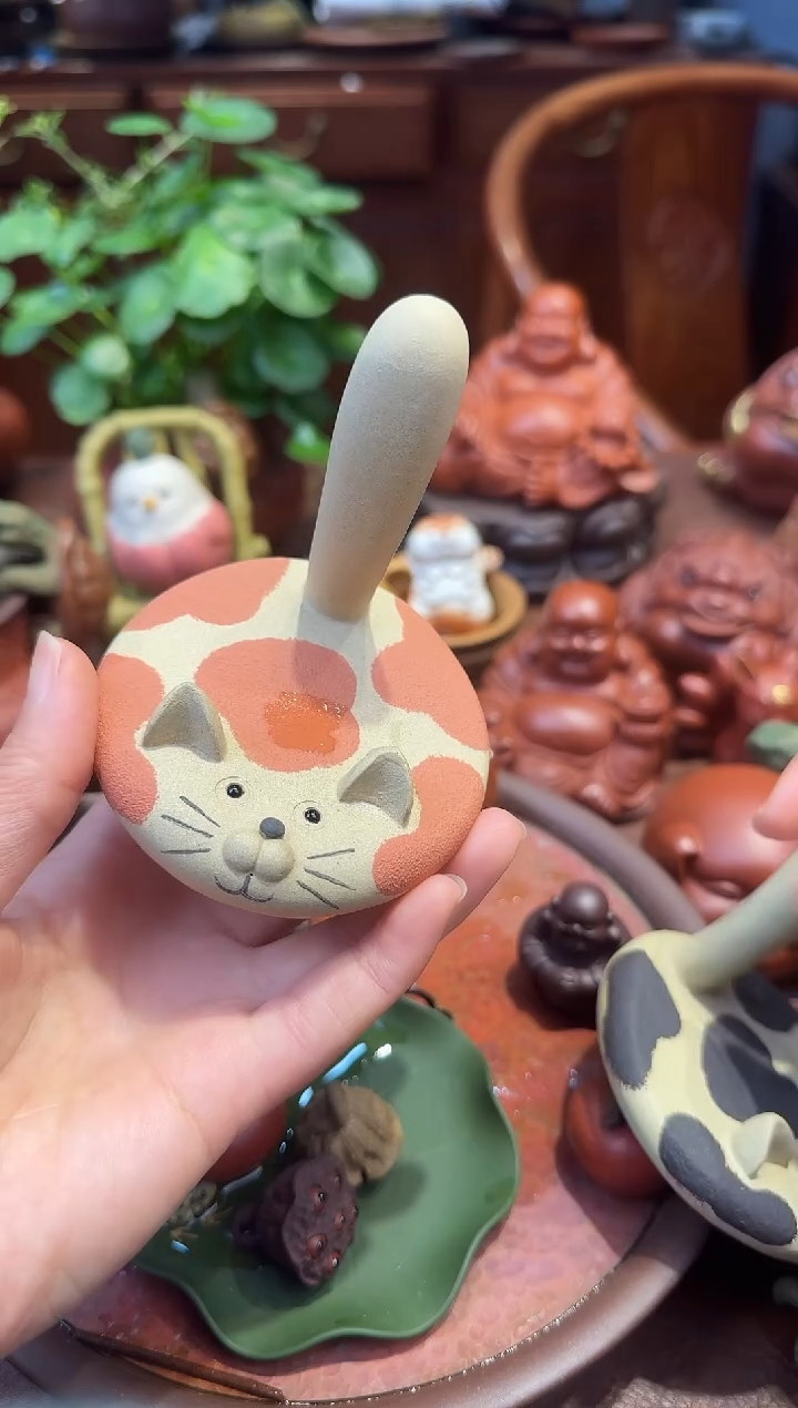 紫砂茶宠猫咪支架粉
