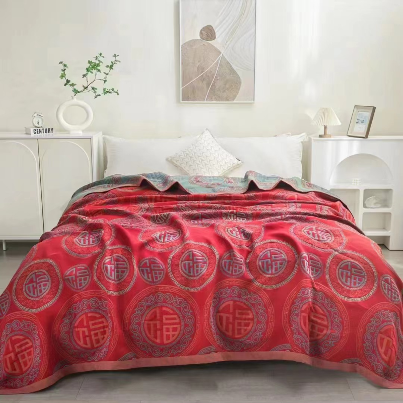 多功能亲肤精梳纯棉纱布盖毯 --万福安康200*230