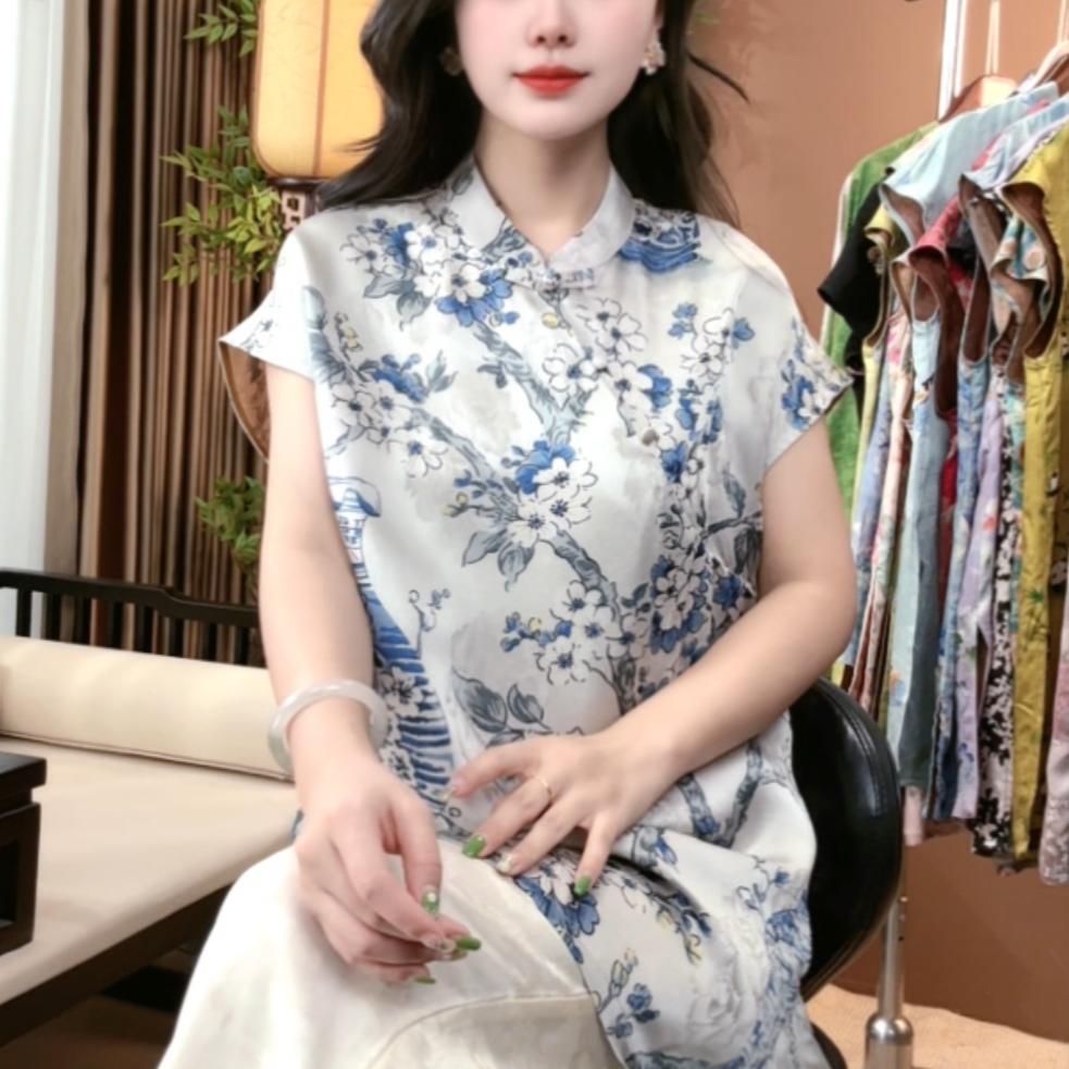 夏季新中式桑蚕丝盘扣短袖时尚提花中国风百搭上衣女S054