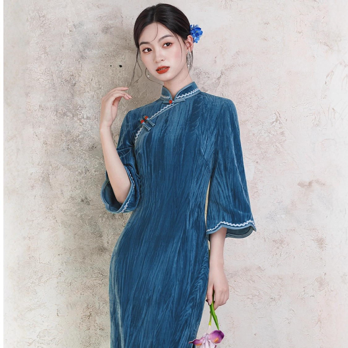 【雾蓝】高端旗袍春秋女2025新款日常复古改良国风连衣裙气质长款女