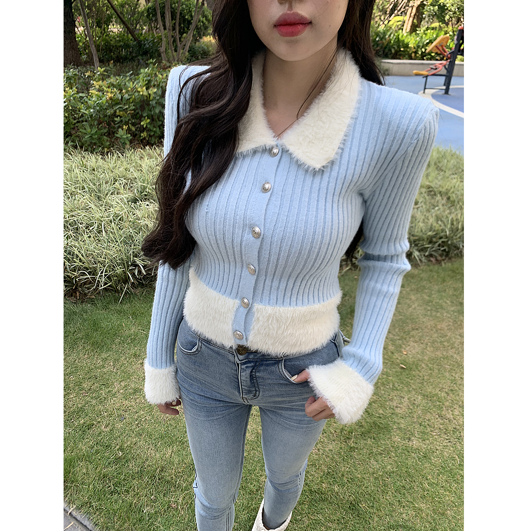 【冬雪恋歌】原单定制拼接毛毛领坑条纹理排扣垫肩上衣