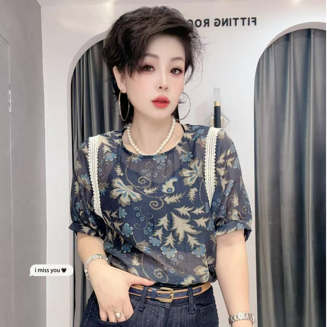 【依尚精选】印花新款天丝上衣宽松遮肚子T恤时尚洋气上档次小衫