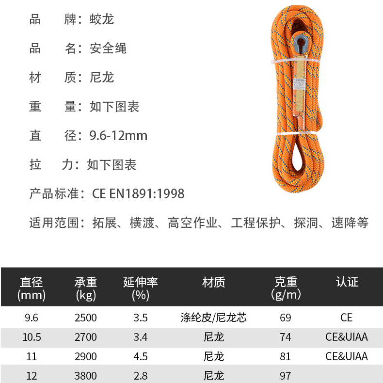 【苍龙】耐磨户外登山高空作业安全绳国标绳索救援绳攀岩绳空调安装