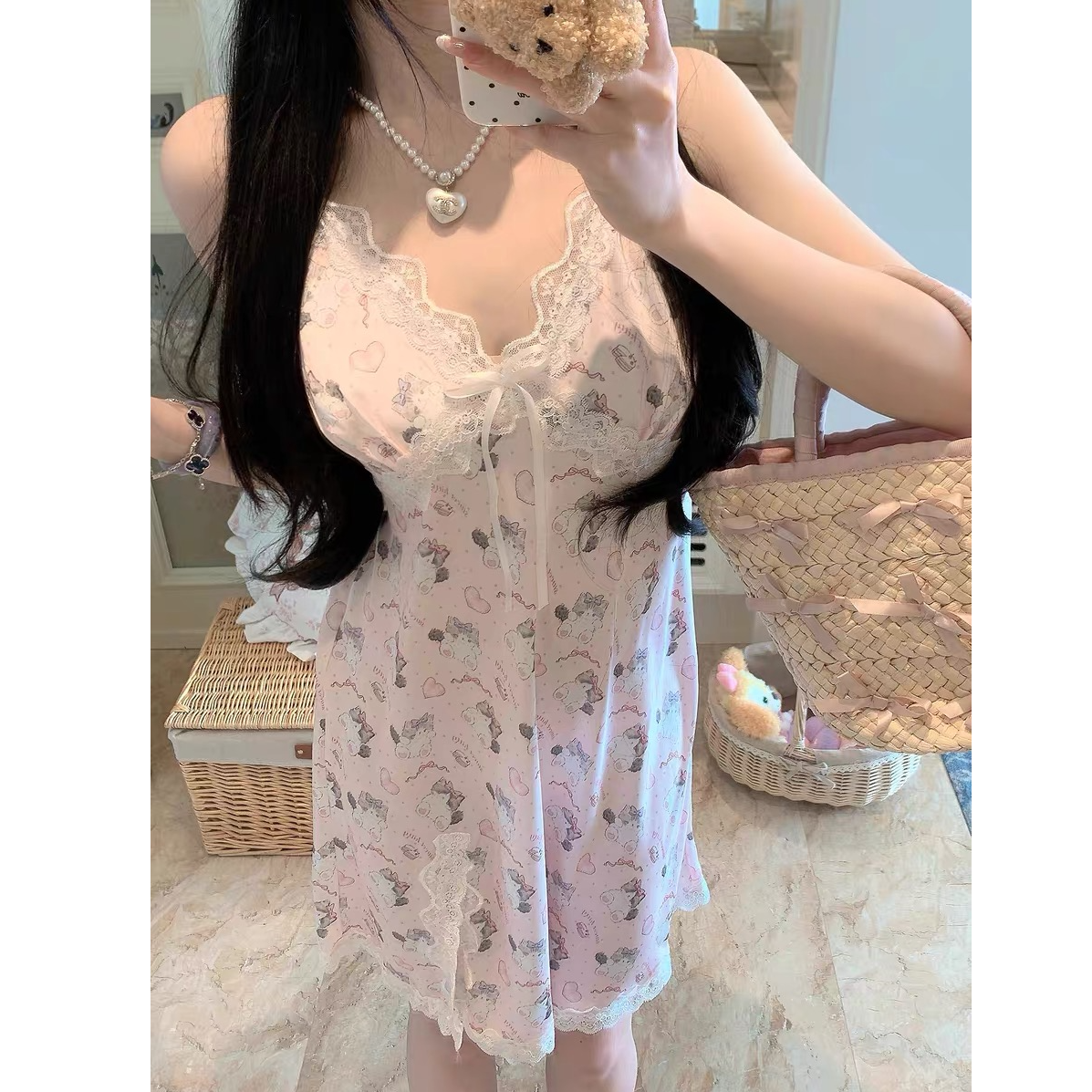 【喵喵蕾丝睡裙】冰雪丝睡衣女夏季吊带短裤套装蕾丝睡裙肩带可调节