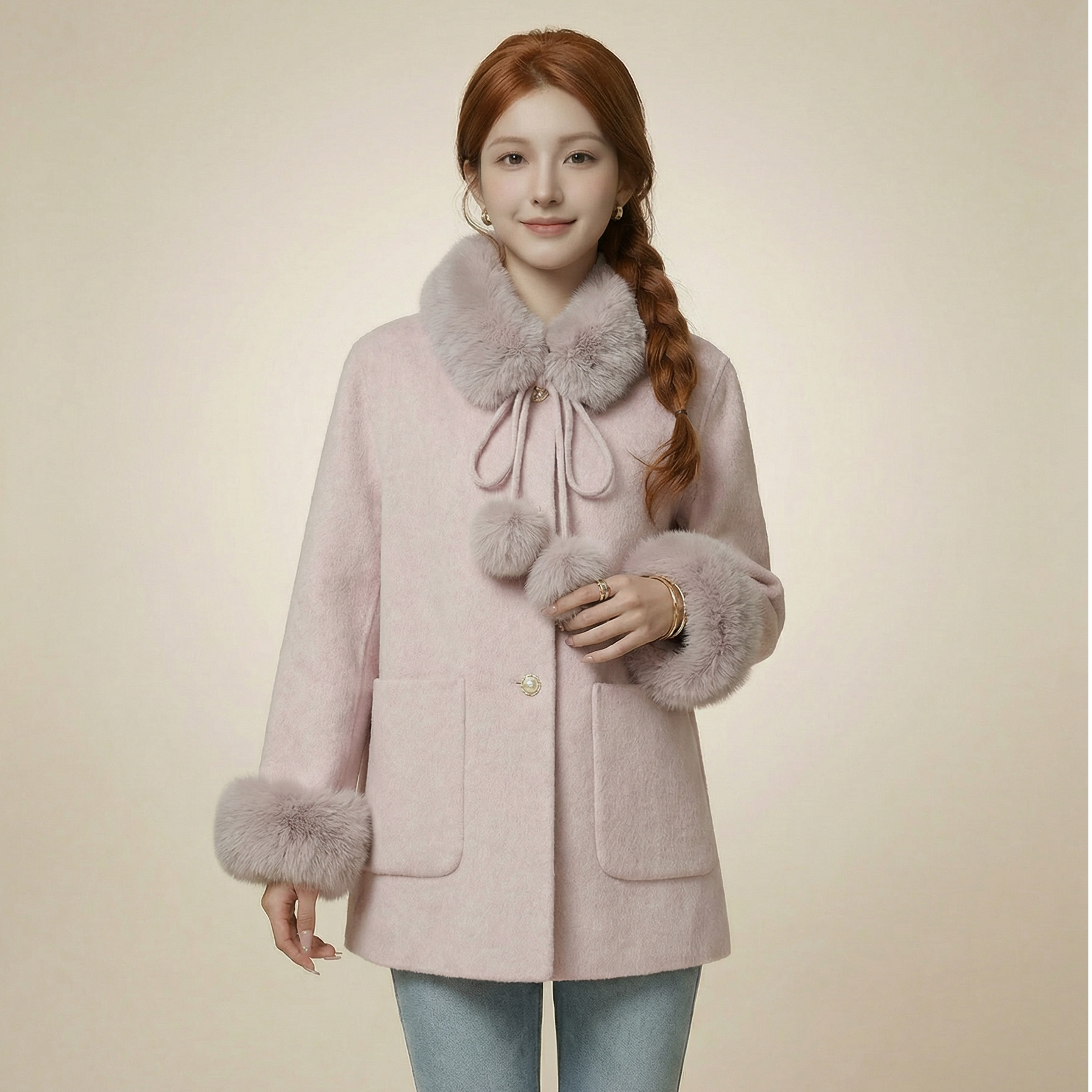 富家千金风双面呢大衣高奢重工狐狸毛外套SX35-8837-47