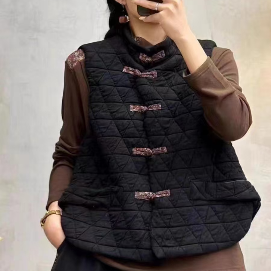 文艺范立领菱格压线显瘦百搭马夹复古盘扣坎肩夹棉马甲外套上衣女