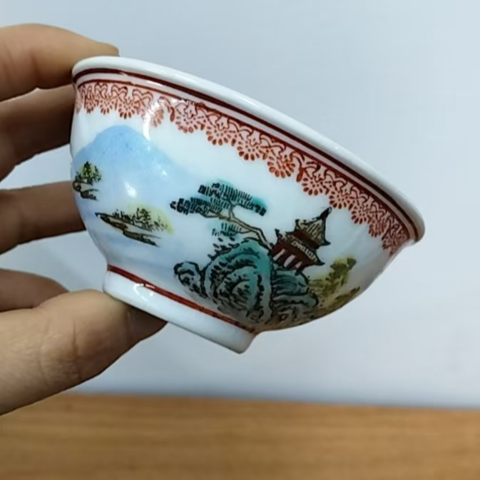 景德镇十大瓷厂货陶瓷粉彩手绘山清水秀图茶碗茶杯家用瓷