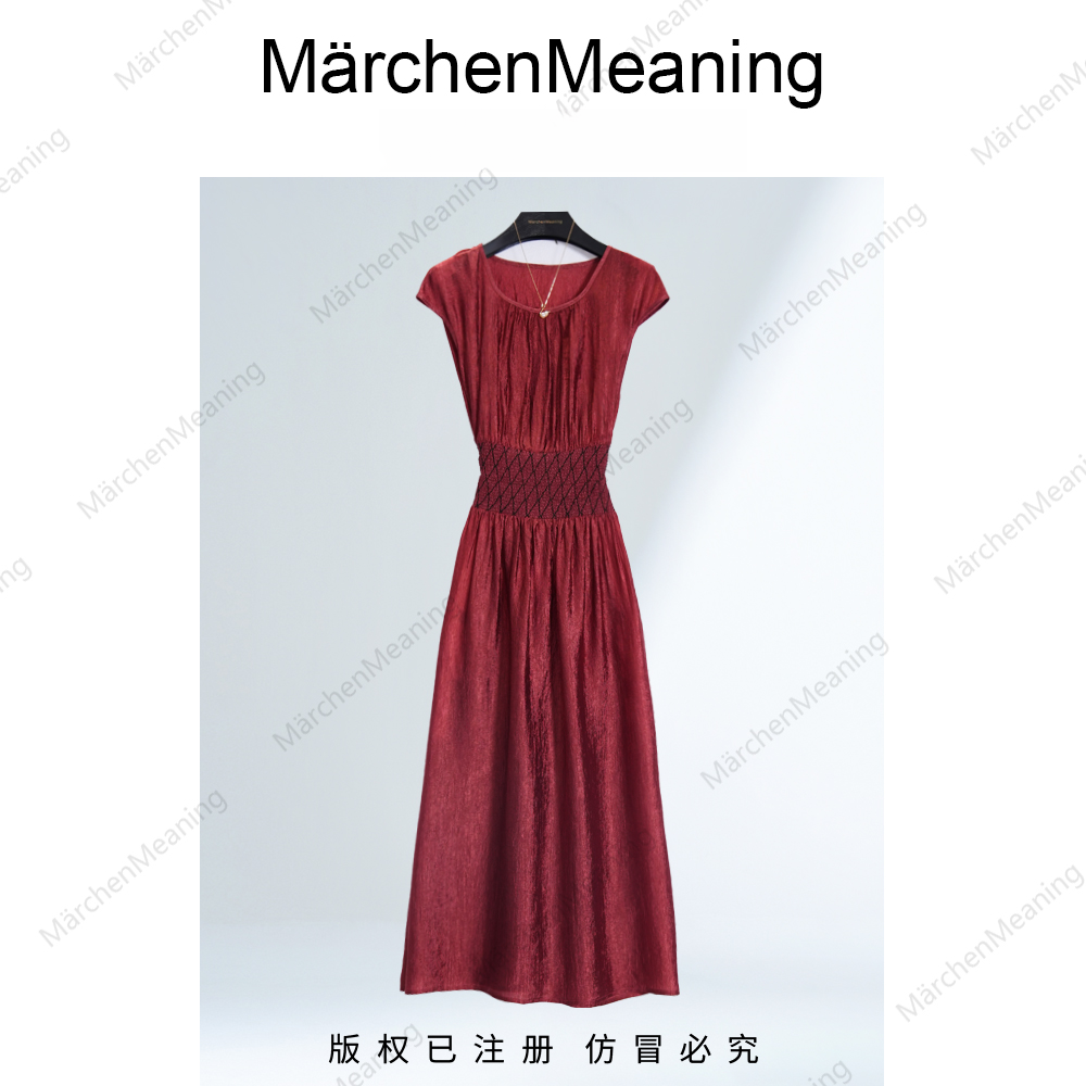 夏季新款虎纹醋酸凉感修身复古红色优雅气质收腰显瘦连衣裙丹丹