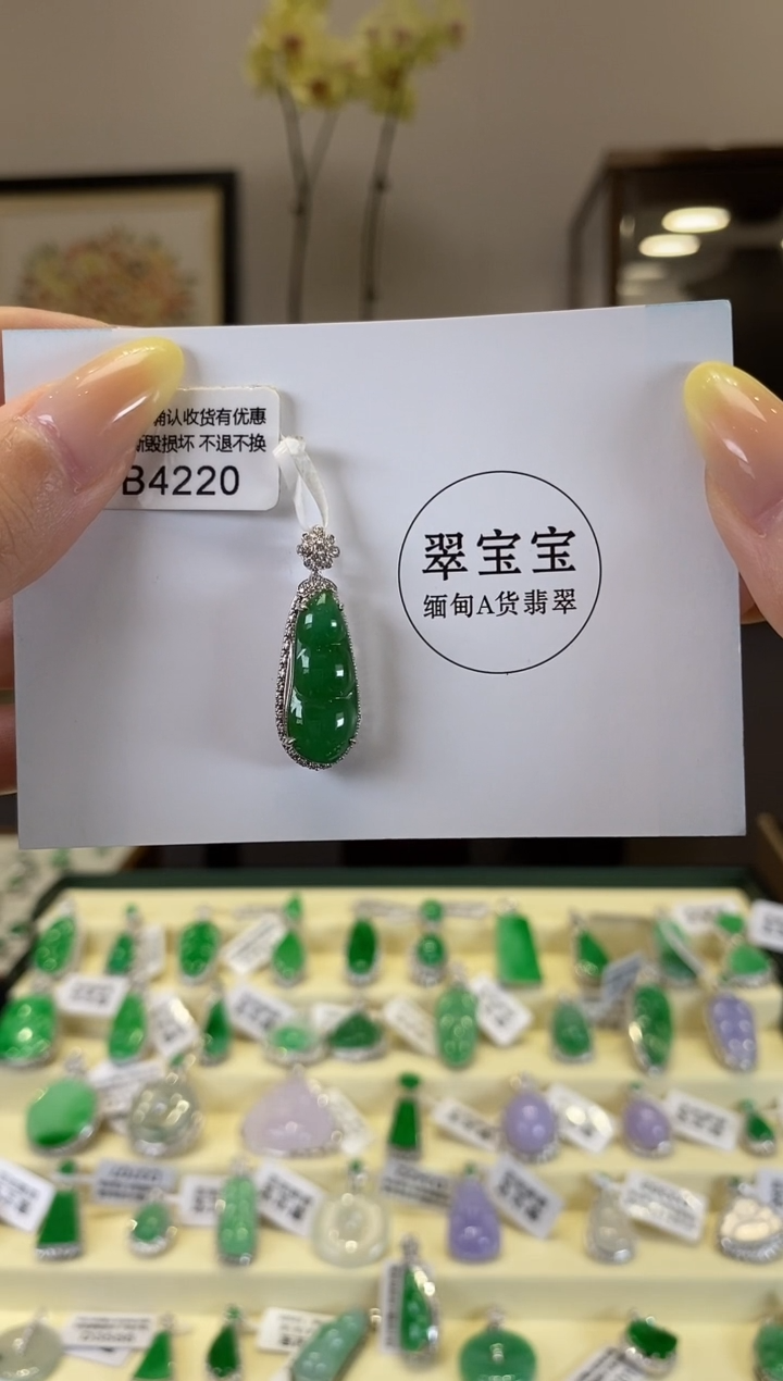 翡翠18K金镶嵌颈饰B4220 福豆 含运营费