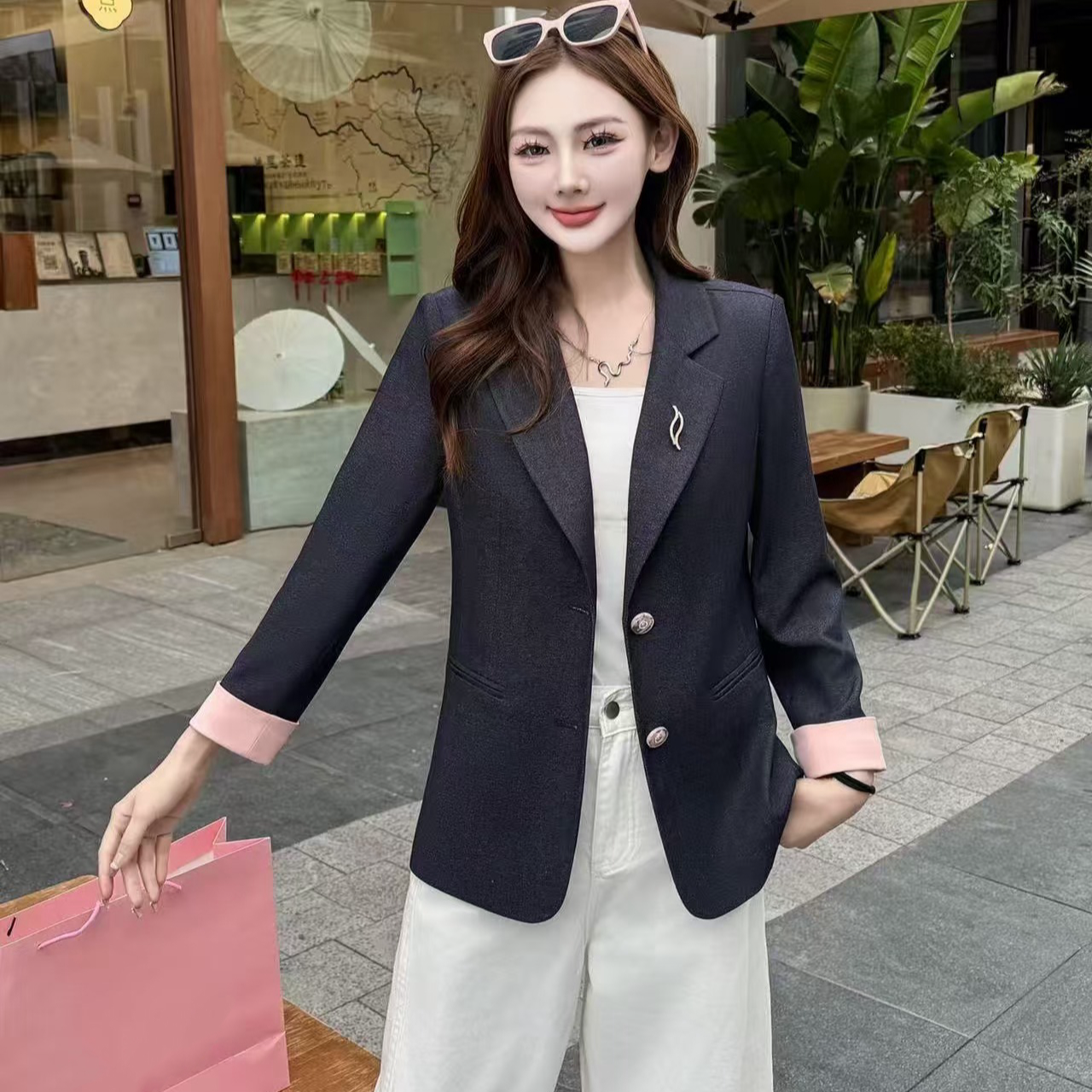 女常规纽扣宽松型西装网红显瘦拼接修身春秋长袖X150