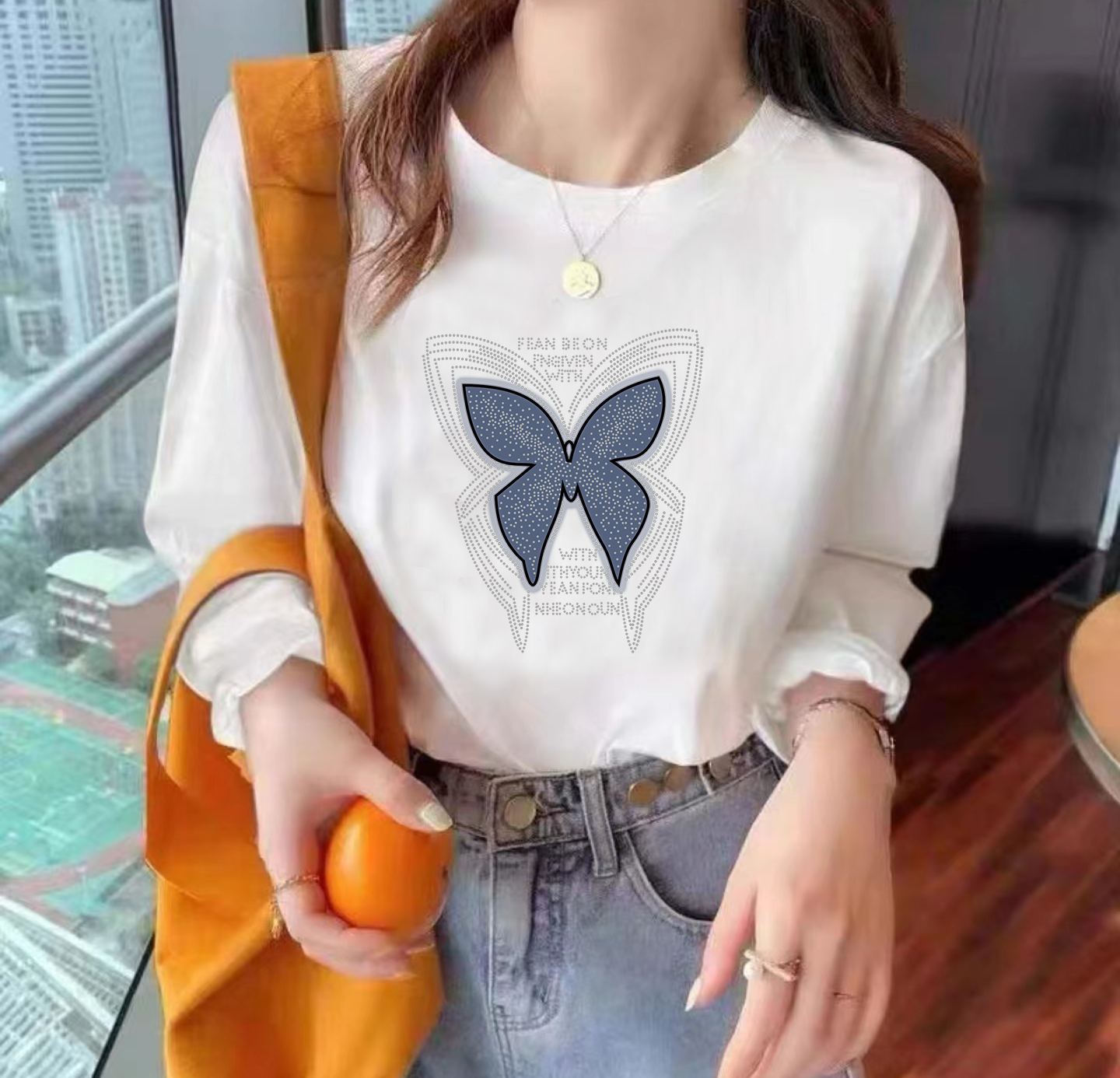 港风时尚潮流春夏卡通圆领长袖T恤-蓝纱蝴蝶