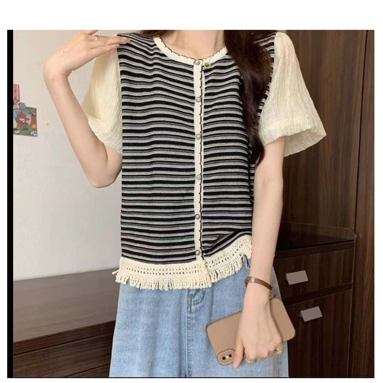 玲玲服饰【01006#条纹泡泡袖针织短袖】