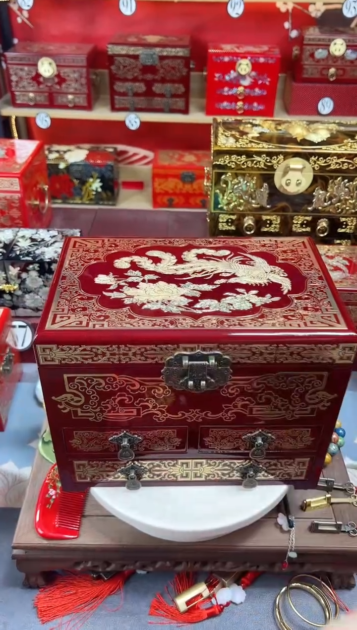符****康28厘米四层三抽掐丝螺钿镶嵌酒红凤凰牡丹