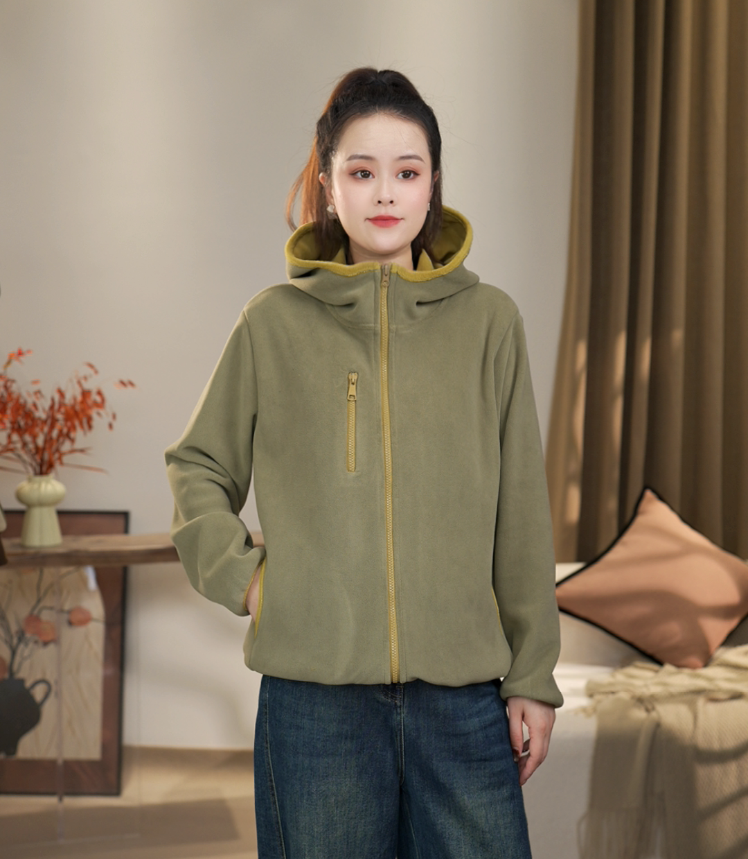 【沐沐】秋冬新款连帽宽松保暖防风短外套时尚开衫加绒加厚连帽外套