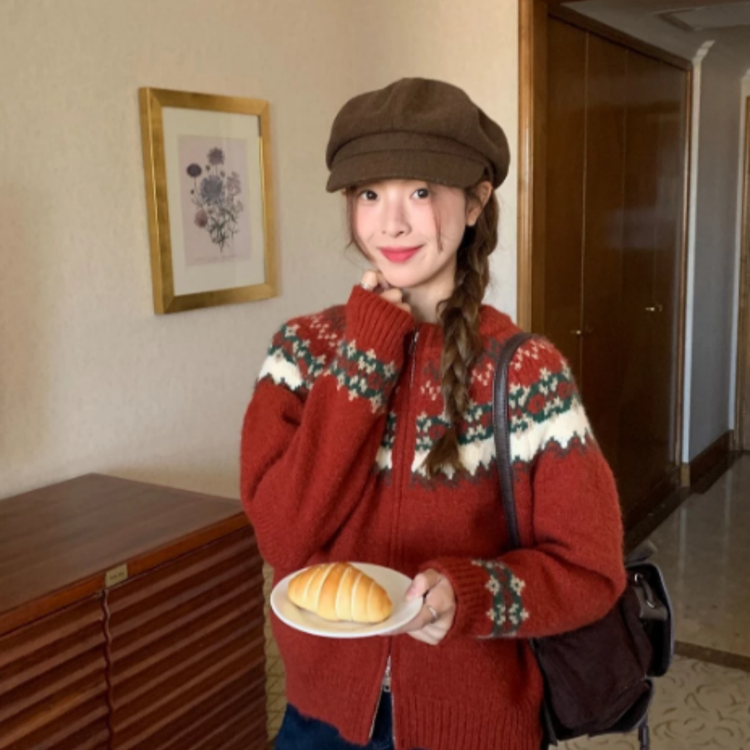 费尔岛提花开衫拉链开衫外套针织毛衣冬季新款韩版提花复古宽松