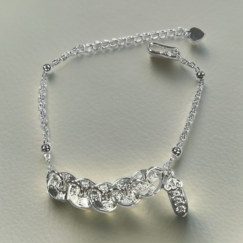 足银手链 上上签五帝钱民族风设计款手链