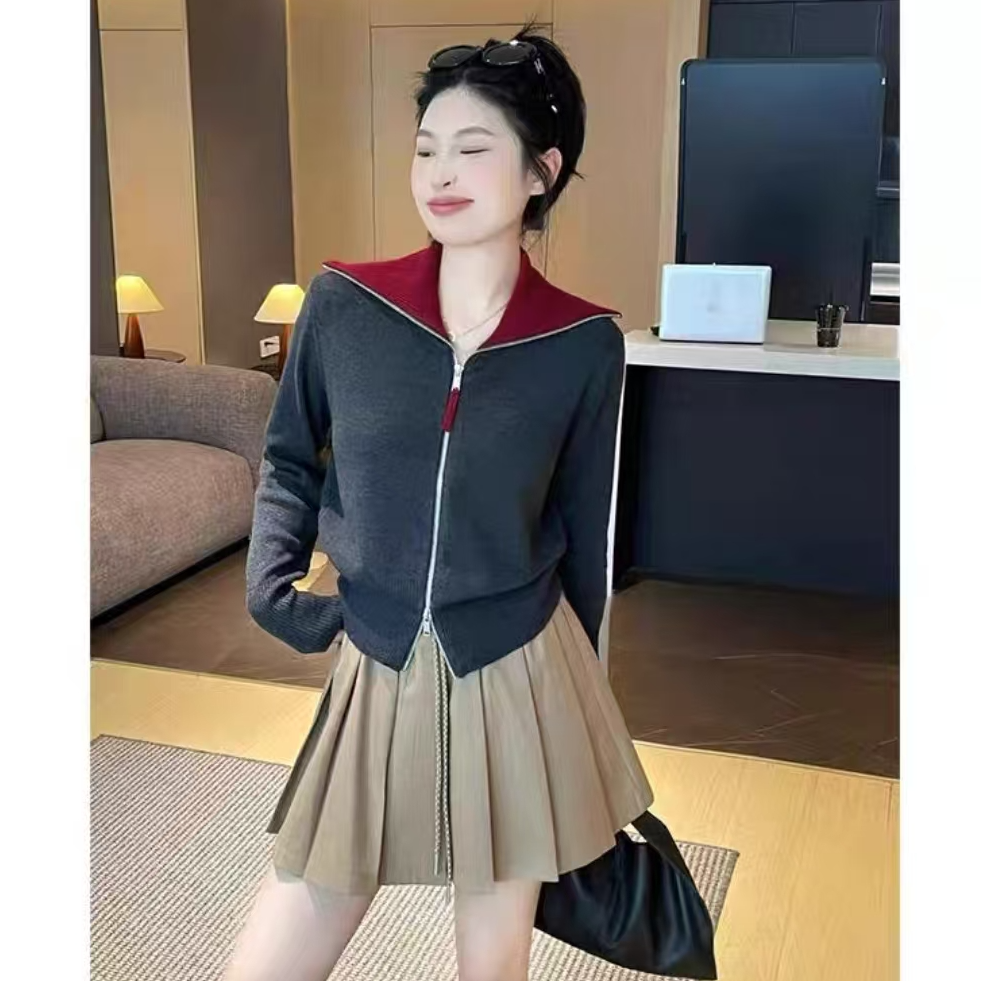 9175-双色翻领POLO针织拉链开衫（深灰）