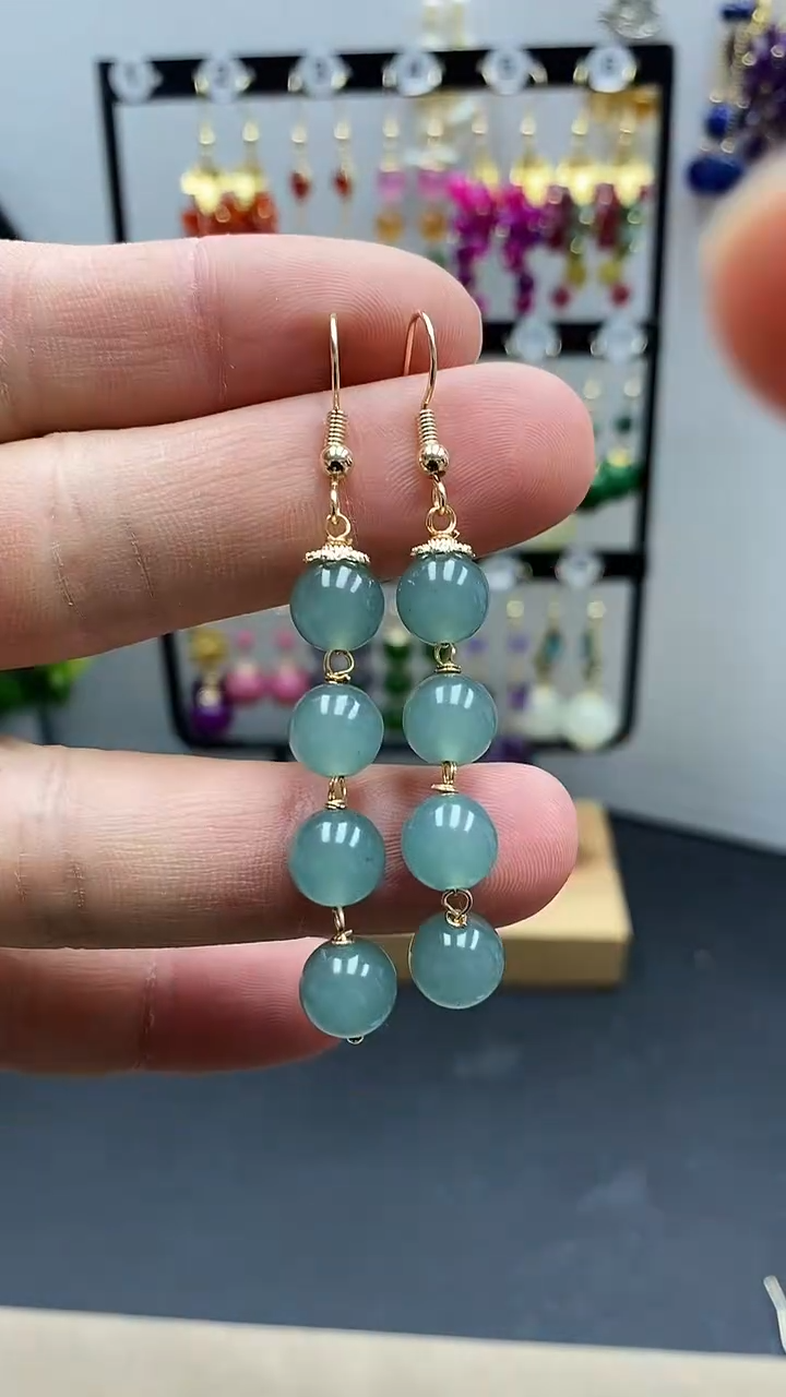 【闪购商品】翡翠耳饰银S925镀金镶嵌尺寸8mm连珠