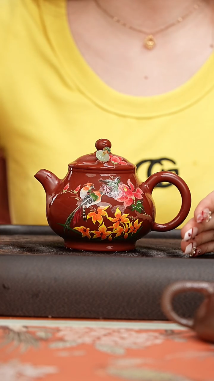 茶壶紫砂张灵朱泥喜上眉梢泥绘潘壶200cc
