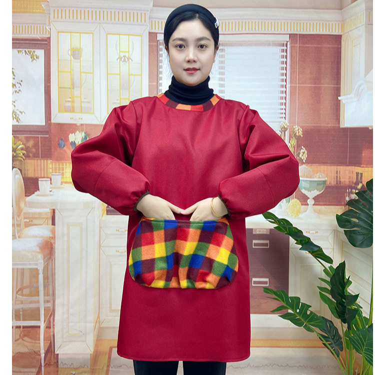 【30193格子绒】防水擦手大口袋拉链反穿衣长袖围裙罩衣家用