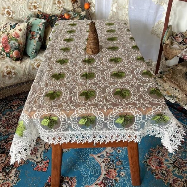 ZN012-106玻璃砂【90*150】白底绿叶高织高密玻璃砂水溶边桌布